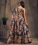 مذهلة حمامة الأزرق الأورجانزا زاري والترتر العمل الأزهار الزفاف Lehenga Choli للنساء 