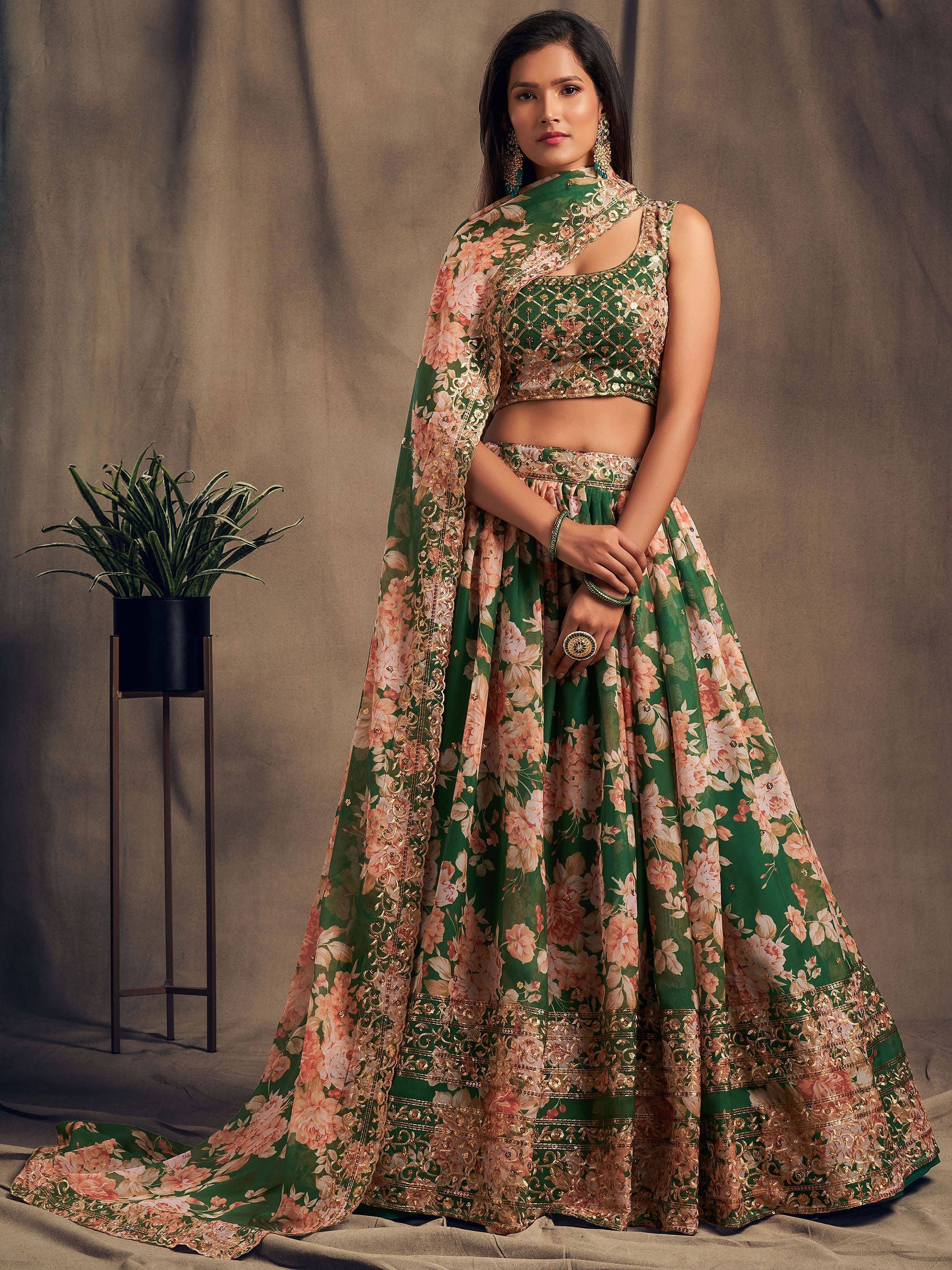 الأزهار الخضراء المطرزة الأورجانزا ملابس الزفاف Lehenga Choli
