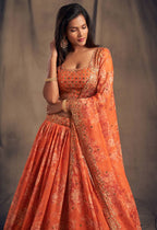 Stunning Orange Organza Zari And Sequins work Floral Wedding Lehenga choli for women