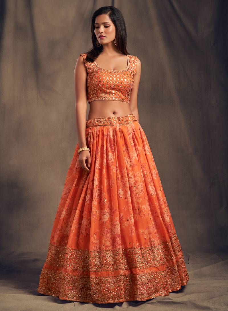 Stunning Orange Organza Zari And Sequins work Floral Wedding Lehenga choli for women