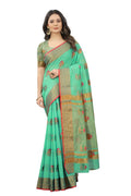 Women's Firozi color With Golden Zari Cheap Pallu Chanderi Cotton silk saree with Customize blouse piece