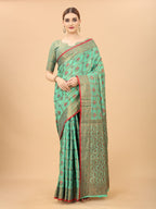 Women's Firozi color With Golden Zari Chanderi Cotton silk saree with Customize blouse piece