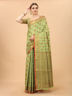 Women's Pista color With Golden Zari Chanderi Cotton silk saree with Customize blouse piece