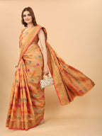 Women's Orange color With Golden Zari Chanderi Cotton silk saree with Customize blouse piece