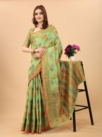 Women's Pista color With Golden Zari Chanderi Cotton silk saree with Customize blouse piece