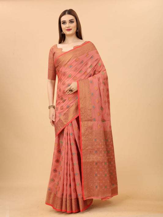 Women's Pink color With Golden Zari Chanderi Cotton silk saree with Customize blouse piece