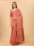 Women's Pink color With Golden Zari Chanderi Cotton silk saree with Customize blouse piece