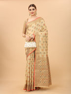 Women's Cream color With Golden Zari Chanderi Cotton silk saree with Customize blouse piece