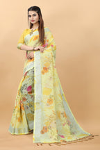 VSaree Printed Linen Cotton Flower Print zari Border Saree with Plain Blouse