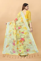 VSaree Printed Linen Cotton Flower Print zari Border Saree with Plain Blouse