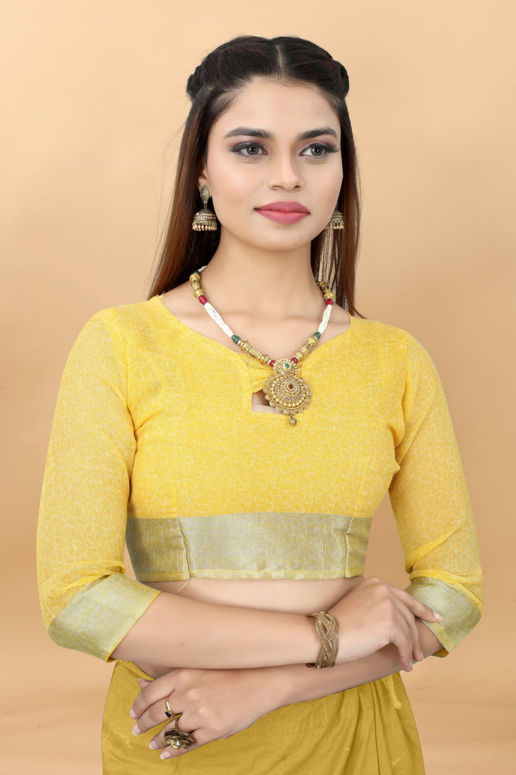 ساري ساري بحدود زاري من القطن والكتان المطبوع على شكل زهرة من VSaree مع بلوزة سادة 