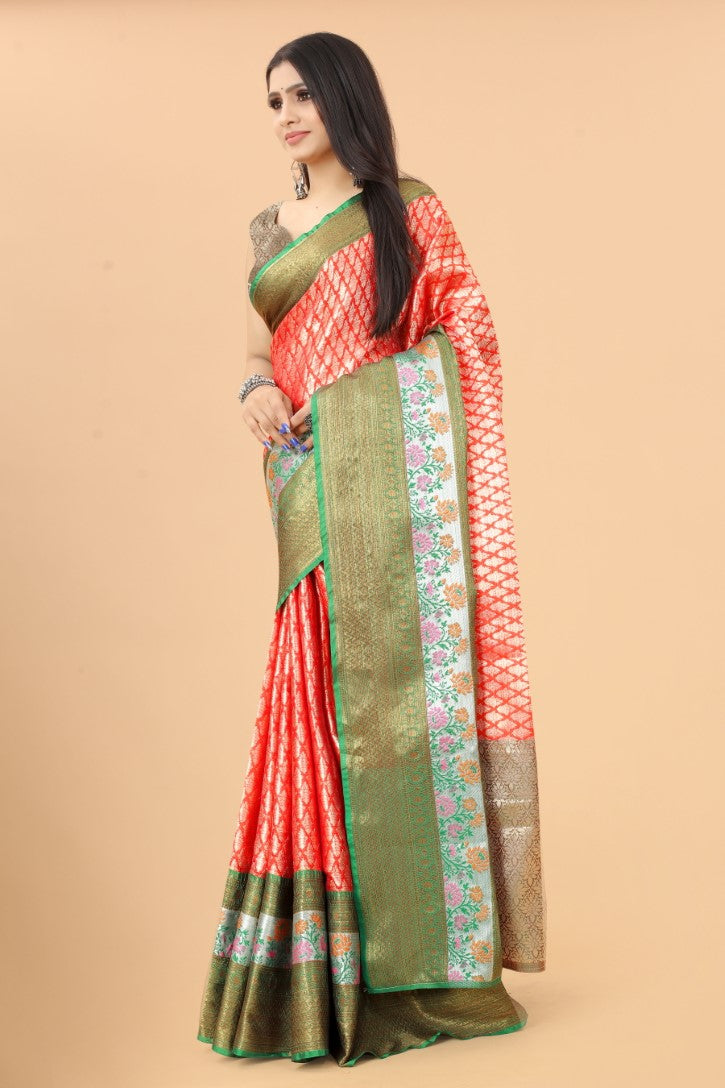 Women's Peach Kota Blend Jacquard Multicolor Zari Border And Pallu  With Running Blouse Piece