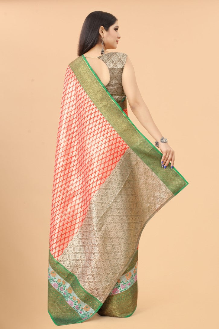 Women's Peach Kota Blend Jacquard Multicolor Zari Border And Pallu  With Running Blouse Piece