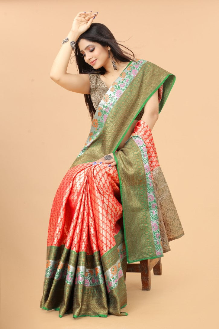 Women's Peach Kota Blend Jacquard Multicolor Zari Border And Pallu  With Running Blouse Piece