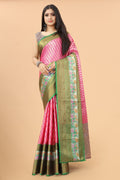 Women's Pink Cotton Blend Jacquard Multicolor Zari Border And Pallu  With Running Blouse Piece