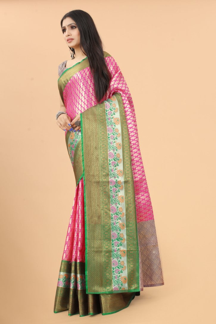 Women's Pink Cotton Blend Jacquard Multicolor Zari Border And Pallu  With Running Blouse Piece