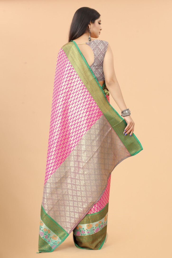 Women's Pink Cotton Blend Jacquard Multicolor Zari Border And Pallu  With Running Blouse Piece