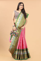 Women's Pink Cotton Blend Jacquard Multicolor Zari Border And Pallu  With Running Blouse Piece