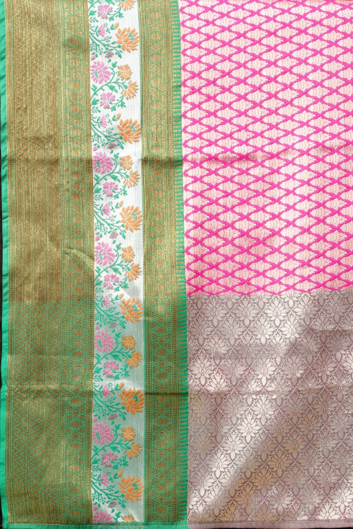 Women's Pink Cotton Blend Jacquard Multicolor Zari Border And Pallu  With Running Blouse Piece