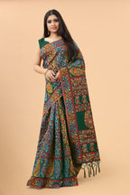 Women's Dark Green color With Golden Zari Kalamkari Cotton saree with Customize blouse piece