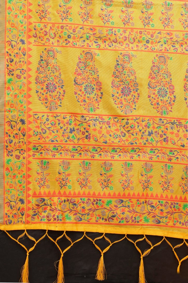 ساري نسائي من القطن باللون الأصفر مع Zari Kalamkari الذهبي مع قطعة بلوزة مخصصة 