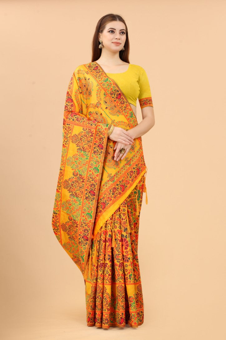 Women's Yellow color With Golden Zari Kalamkari Cotton saree with Customize blouse piece