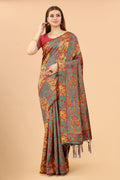 Women's Grey color With Golden Zari Kalamkari Cotton saree with Customize blouse piece
