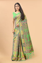 Women's Pista Green color With Golden Zari Kalamkari Cotton saree with Customize blouse piece