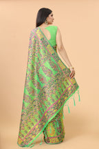 Women's Pista Green color With Golden Zari Kalamkari Cotton saree with Customize blouse piece