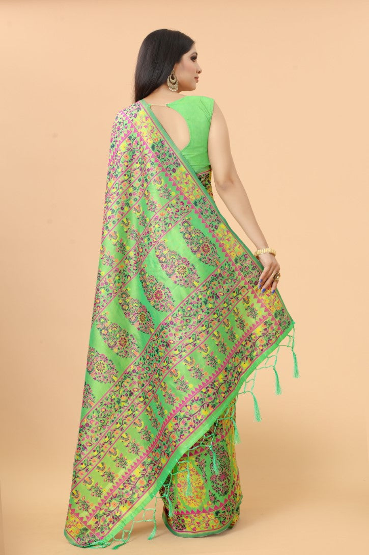 Women's Pista Green color With Golden Zari Kalamkari Cotton saree with Customize blouse piece