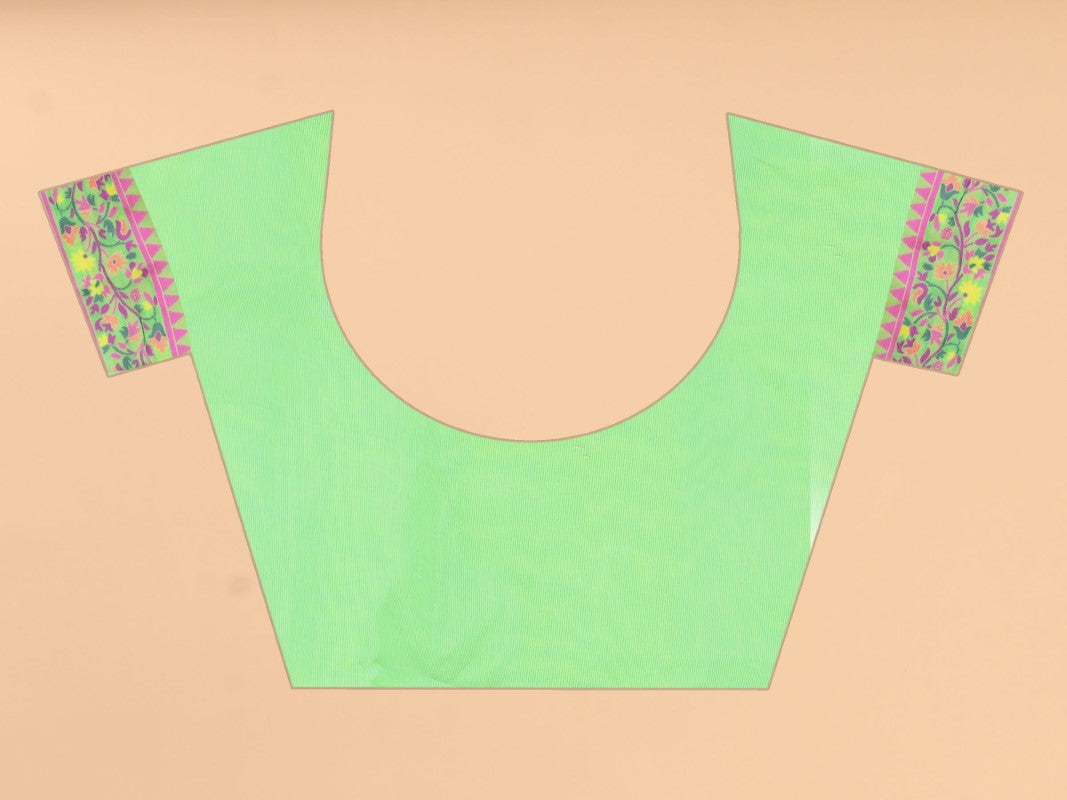 Women's Pista Green color With Golden Zari Kalamkari Cotton saree with Customize blouse piece