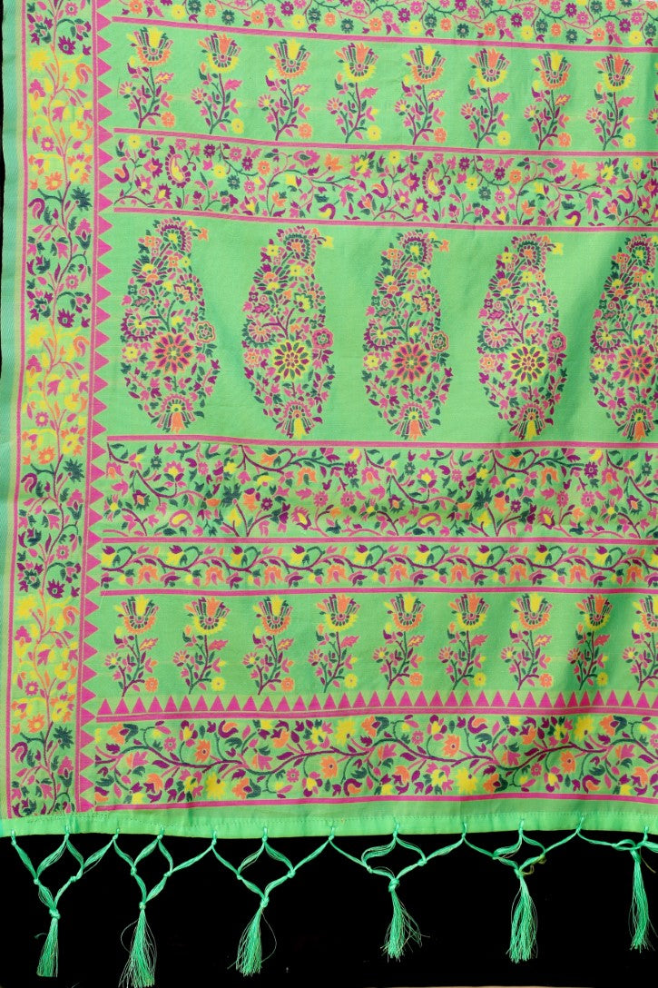 Women's Pista Green color With Golden Zari Kalamkari Cotton saree with Customize blouse piece