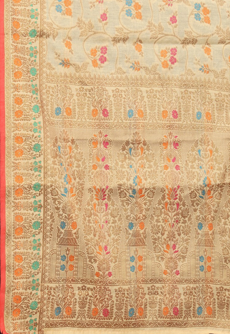 Women's Cream color With Golden Zari Chanderi Cotton silk saree with Customize blouse piece