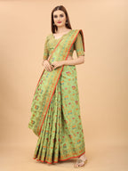 Women's Pista color With Golden Zari Chanderi Cotton silk saree with Customize blouse piece