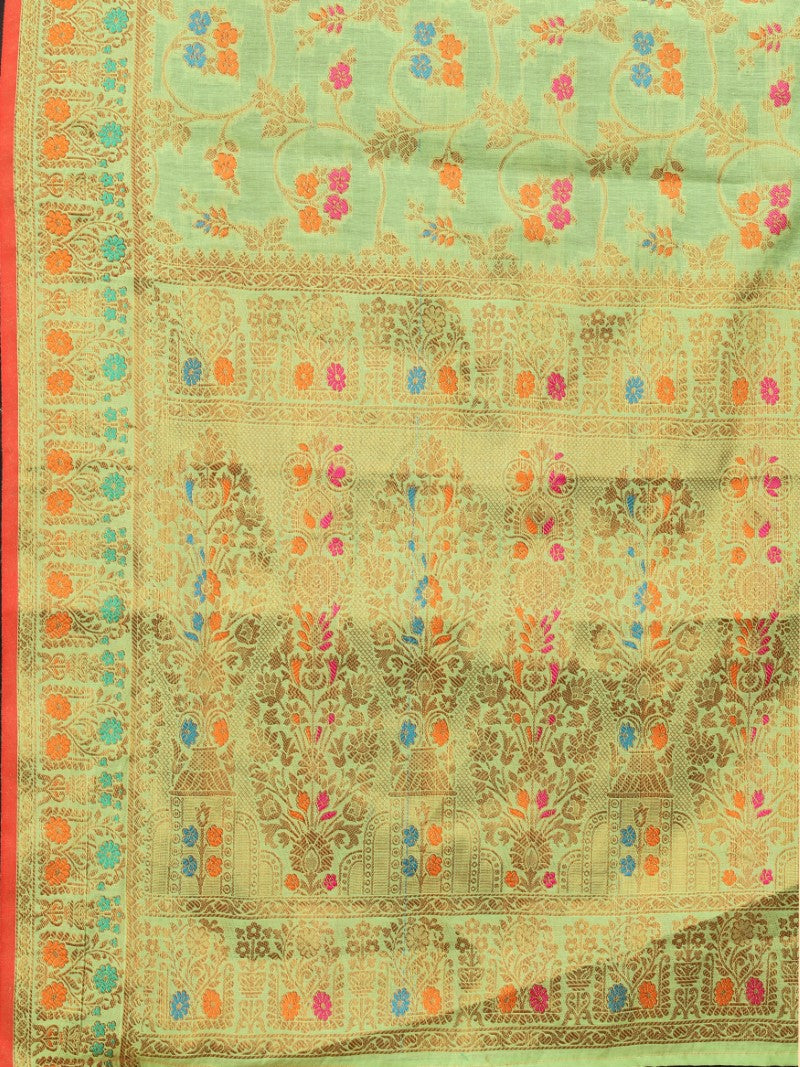 Women's Pista color With Golden Zari Chanderi Cotton silk saree with Customize blouse piece