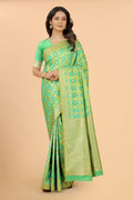 Women's Light Green color With Golden Zari Lichi silk saree with Customize blouse piece