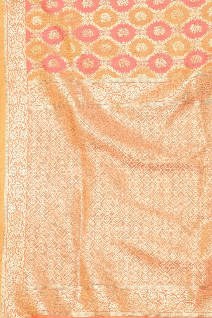 Women's Orange color With Golden Zari Lichi silk saree with Customize blouse piece