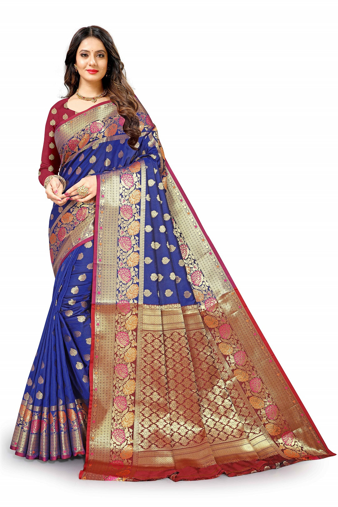 Designer Flower Butti Work Zari Weaving Banarasi Silk Saree With Blouse