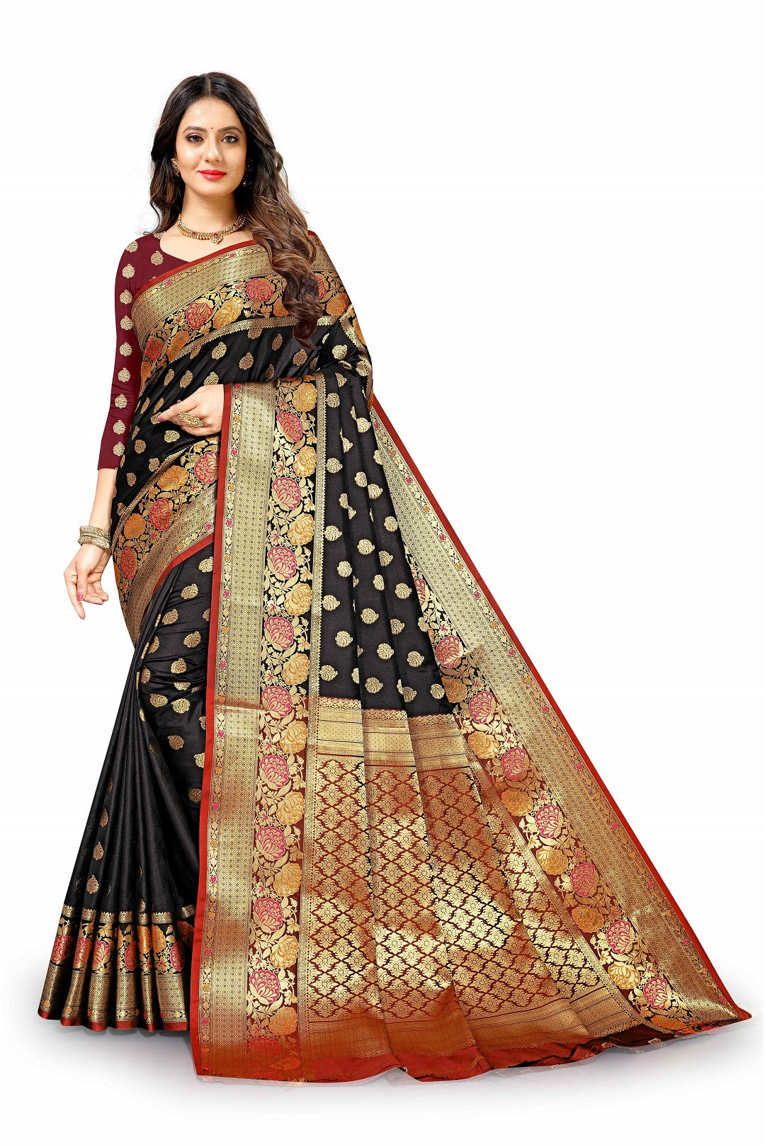 Designer Flower Butti Work Zari Weaving Banarasi Silk Saree With Blouse