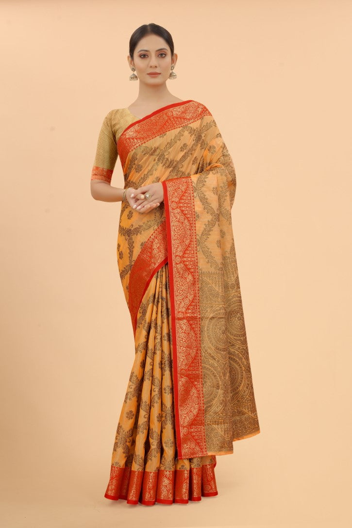 Women's Orange color With Golden Zari Jacquard Woven Self Design Cotton Silk saree with Customize blouse piece