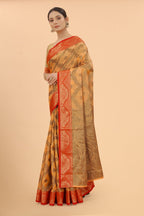 Women's Orange color With Golden Zari Jacquard Woven Self Design Cotton Silk saree with Customize blouse piece