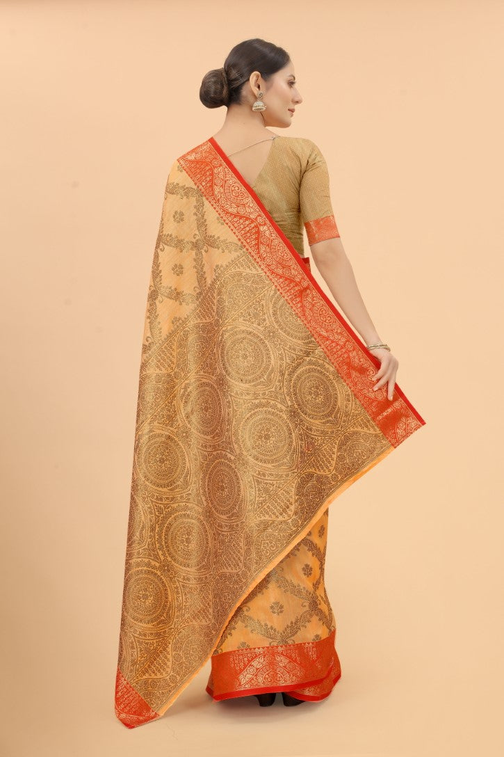 Women's Orange color With Golden Zari Jacquard Woven Self Design Cotton Silk saree with Customize blouse piece
