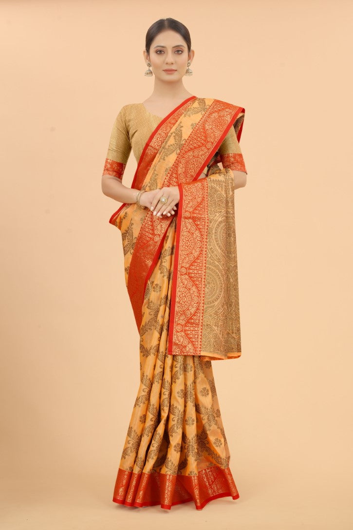 Women's Orange color With Golden Zari Jacquard Woven Self Design Cotton Silk saree with Customize blouse piece