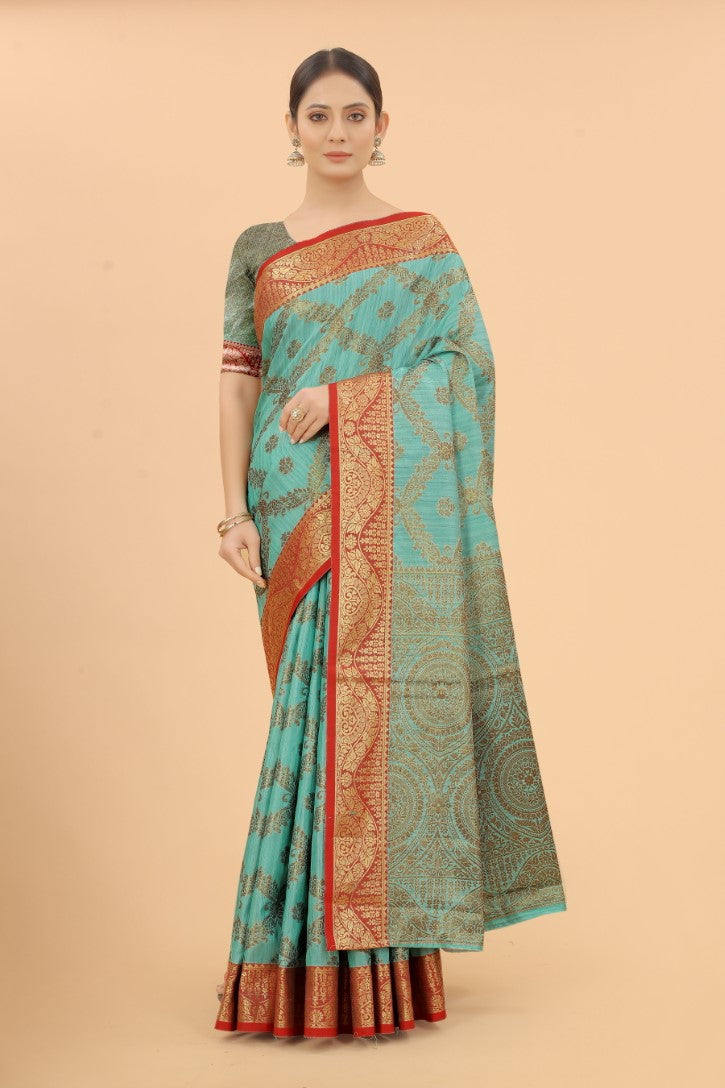 Women's Firozi color With Golden Zari Jacquard Woven Self Design Cotton Silk saree with Customize blouse piece