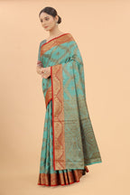 Women's Firozi color With Golden Zari Jacquard Woven Self Design Cotton Silk saree with Customize blouse piece