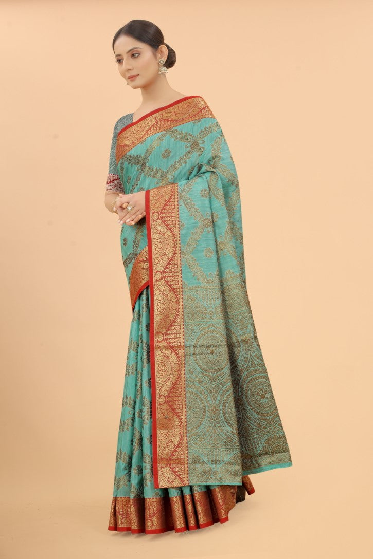 Women's Firozi color With Golden Zari Jacquard Woven Self Design Cotton Silk saree with Customize blouse piece
