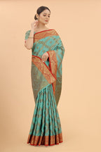 Women's Firozi color With Golden Zari Jacquard Woven Self Design Cotton Silk saree with Customize blouse piece