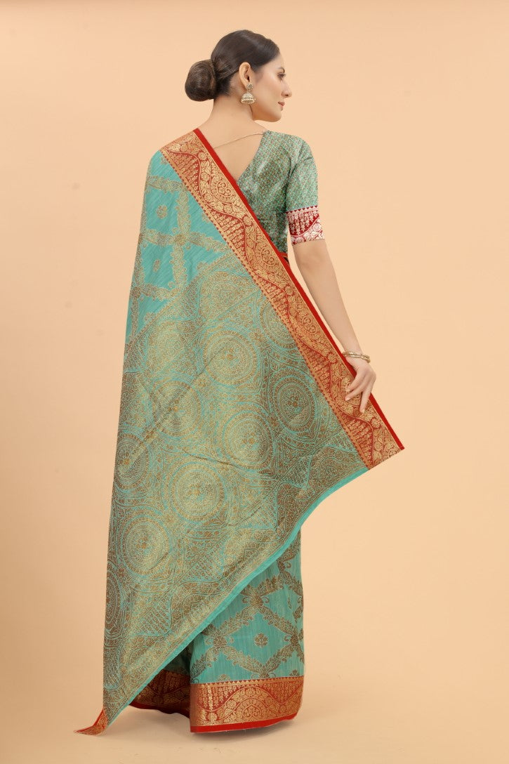 Women's Firozi color With Golden Zari Jacquard Woven Self Design Cotton Silk saree with Customize blouse piece