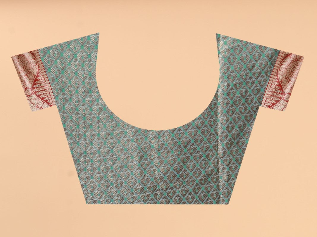 Women's Firozi color With Golden Zari Jacquard Woven Self Design Cotton Silk saree with Customize blouse piece