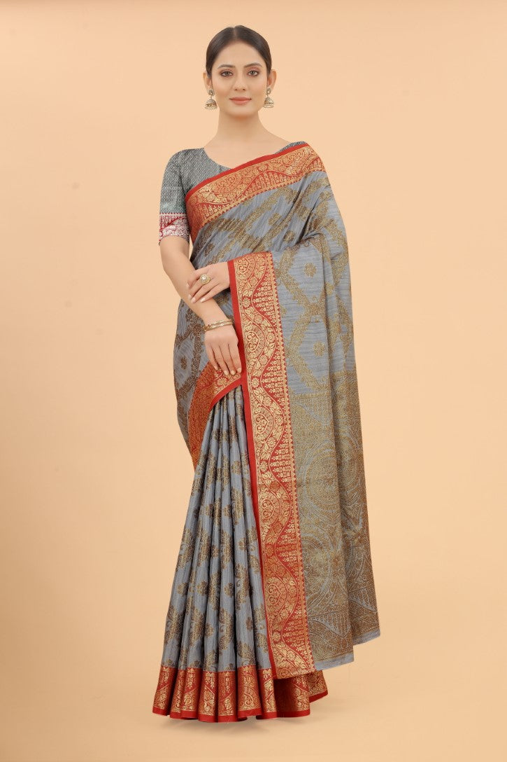 Women's Grey color With Golden Zari Jacquard Woven Self Design Cotton Silk saree with Customize blouse piece